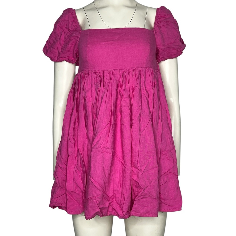 Mable Marlowe Babydoll Puff Sleeve Tunic Top Mini Dress Small Fuchsia Pink